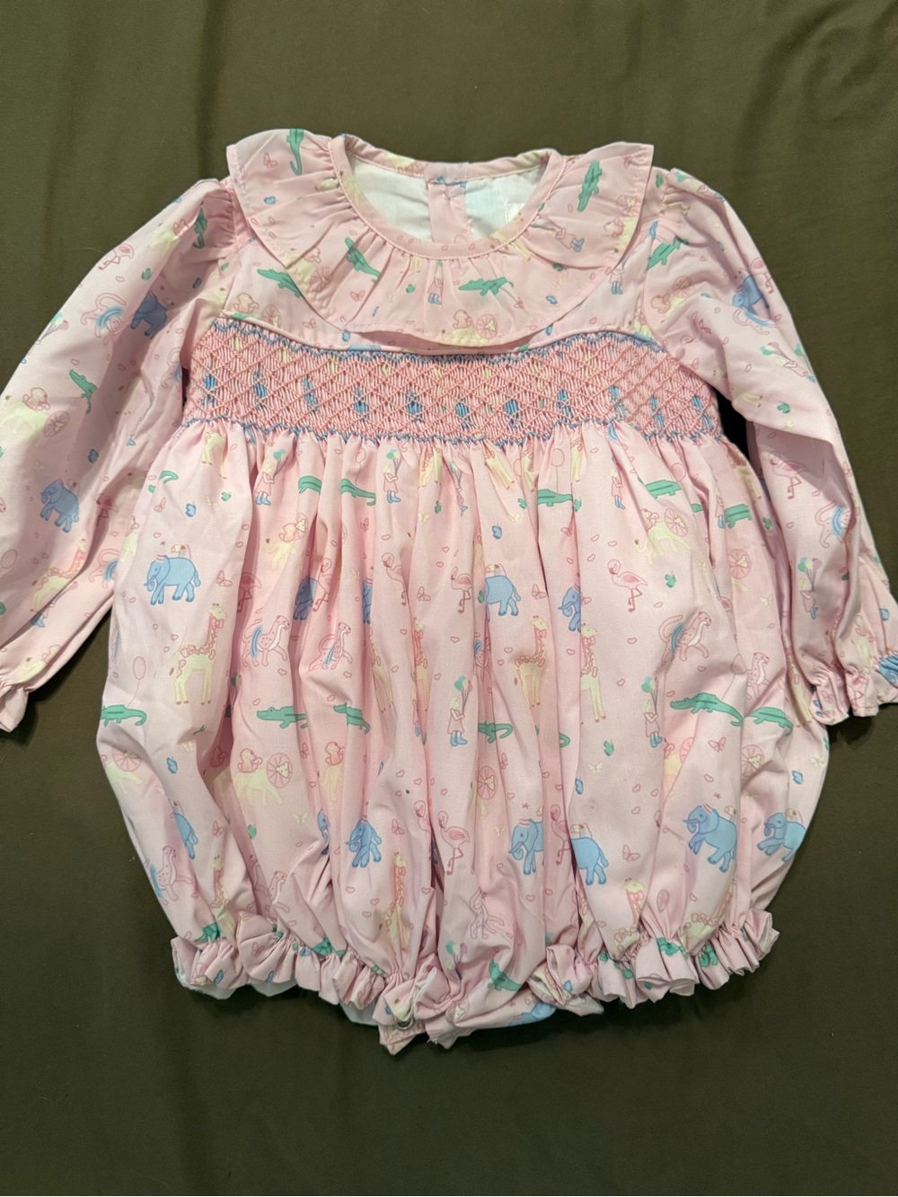 Pink Smocked Baby One-Piece with Animal Print